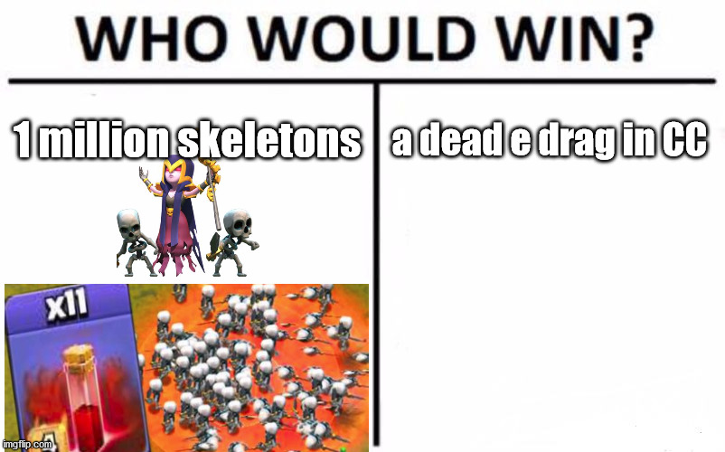 Who Would Win? Meme | 1 million skeletons; a dead e drag in CC | image tagged in memes,who would win | made w/ Imgflip meme maker