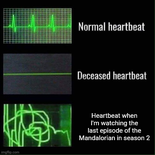Heart beat meme template | Heartbeat when I'm watching the last episode of the Mandalorian in season 2 | image tagged in heartbeat,the mandalorian,funny,memes | made w/ Imgflip meme maker