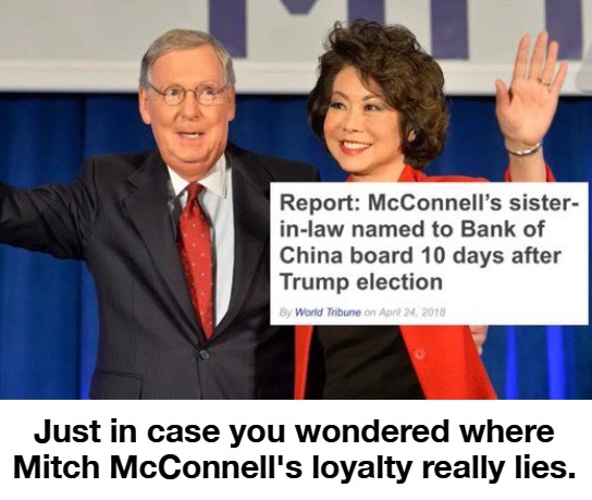 Just in case you wondered where Mitch McConnell's loyalty really lies. | Just in case you wondered where Mitch McConnell's loyalty really lies. | image tagged in mitch mcconnell,rino,republican in name only,traitor,sedition,treason | made w/ Imgflip meme maker