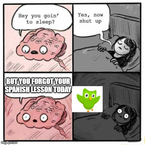 Duolingo | BUT YOU FORGOT YOUR SPANISH LESSON TODAY | image tagged in hey you going to sleep | made w/ Imgflip meme maker