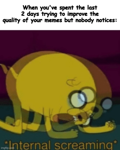 Jake The Dog Internal Screaming | When you've spent the last 2 days trying to improve the quality of your memes but nobody notices: | image tagged in jake the dog internal screaming | made w/ Imgflip meme maker