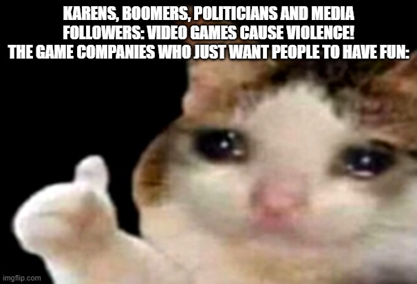 I hate anti gamers #14 | KARENS, BOOMERS, POLITICIANS AND MEDIA FOLLOWERS: VIDEO GAMES CAUSE VIOLENCE!
THE GAME COMPANIES WHO JUST WANT PEOPLE TO HAVE FUN: | image tagged in sad cat thumbs up,gamer | made w/ Imgflip meme maker