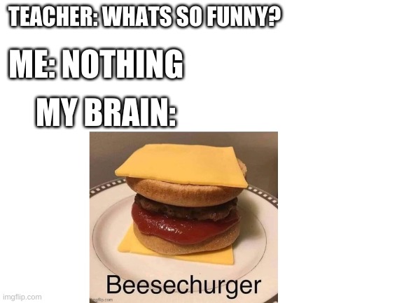 Beesechurger | TEACHER: WHATS SO FUNNY? ME: NOTHING; MY BRAIN: | image tagged in beeschurger | made w/ Imgflip meme maker