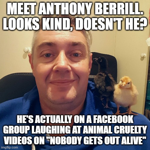 Report the group please (for the animals) |  MEET ANTHONY BERRILL. LOOKS KIND, DOESN'T HE? HE'S ACTUALLY ON A FACEBOOK GROUP LAUGHING AT ANIMAL CRUELTY VIDEOS ON "NOBODY GETS OUT ALIVE" | image tagged in animals,cruel,death,murder,horrible,nasty | made w/ Imgflip meme maker