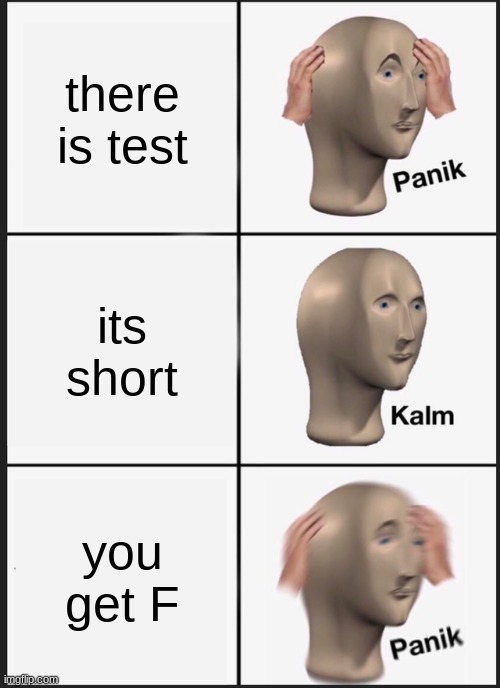 school | there is test; its short; you get F | image tagged in memes,panik kalm panik | made w/ Imgflip meme maker