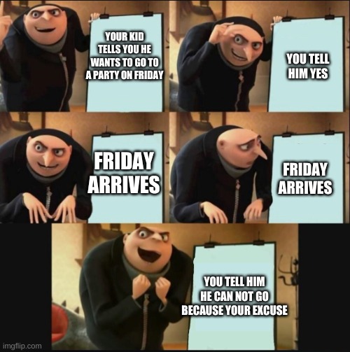 wait its today!!! | YOUR KID TELLS YOU HE WANTS TO GO TO A PARTY ON FRIDAY; YOU TELL HIM YES; FRIDAY ARRIVES; FRIDAY ARRIVES; YOU TELL HIM HE CAN NOT GO BECAUSE YOUR EXCUSE | image tagged in 5 panel gru meme | made w/ Imgflip meme maker