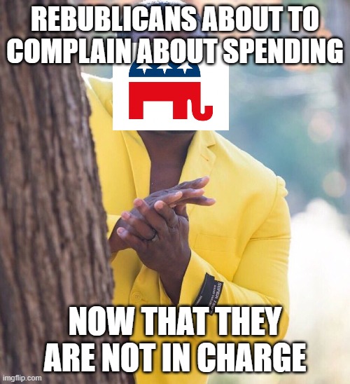 Why I am not a republican | REBUBLICANS ABOUT TO COMPLAIN ABOUT SPENDING; NOW THAT THEY ARE NOT IN CHARGE | image tagged in black guy hiding behind tree,gop,spending,gop hypocrite,conservative,libertarian,neoliberal | made w/ Imgflip meme maker