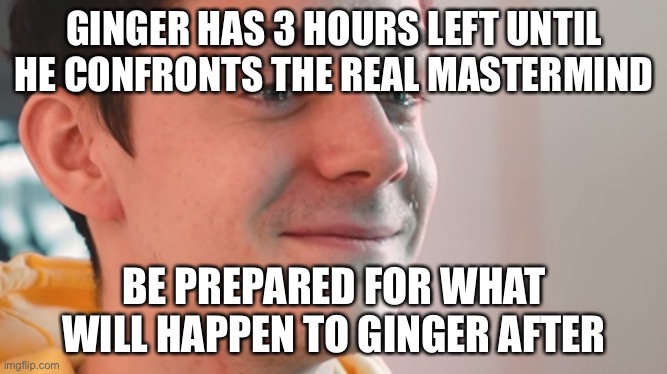 Good luck, Ginger. | GINGER HAS 3 HOURS LEFT UNTIL HE CONFRONTS THE REAL MASTERMIND; BE PREPARED FOR WHAT WILL HAPPEN TO GINGER AFTER | image tagged in ethan crying | made w/ Imgflip meme maker