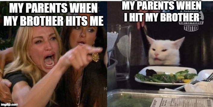 It's true lol XD | MY PARENTS WHEN I HIT MY BROTHER; MY PARENTS WHEN MY BROTHER HITS ME | image tagged in white cat table | made w/ Imgflip meme maker