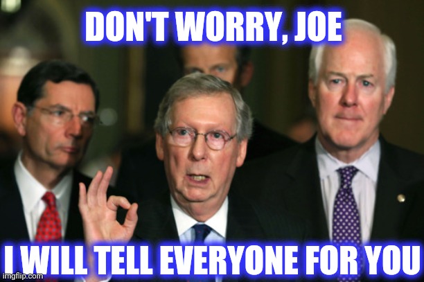 Mitch McConnell Zero | DON'T WORRY, JOE I WILL TELL EVERYONE FOR YOU | image tagged in mitch mcconnell zero | made w/ Imgflip meme maker