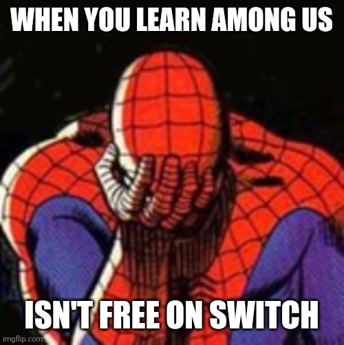 Sad Spiderman Meme | WHEN YOU LEARN AMONG US; ISN'T FREE ON SWITCH | image tagged in memes,sad spiderman,spiderman | made w/ Imgflip meme maker
