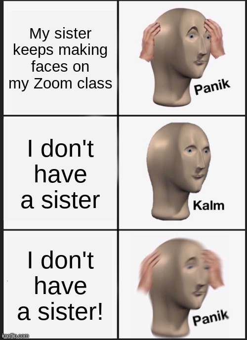 Panik Kalm Panik | My sister keeps making faces on my Zoom class; I don't have a sister; I don't have a sister! | image tagged in memes,panik kalm panik | made w/ Imgflip meme maker