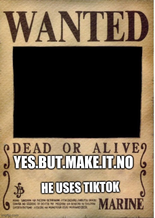 https://imgflip.com/i/4ptuys | YES.BUT.MAKE.IT.NO; HE USES TIKTOK | image tagged in one piece wanted poster template | made w/ Imgflip meme maker