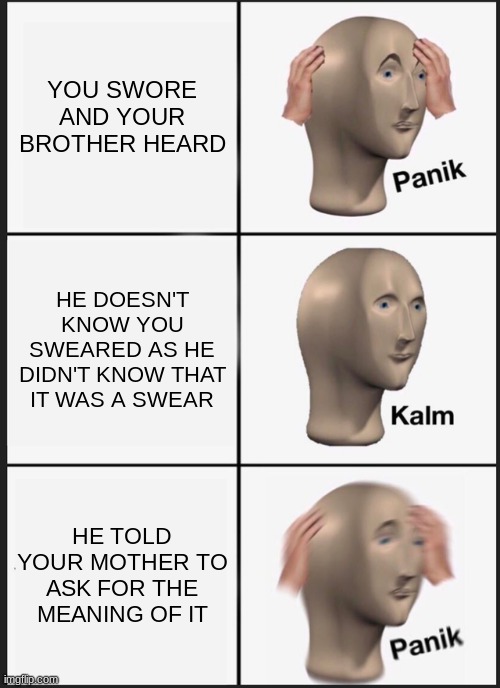 Panik Kalm Panik | YOU SWORE AND YOUR BROTHER HEARD; HE DOESN'T KNOW YOU SWEARED AS HE DIDN'T KNOW THAT IT WAS A SWEAR; HE TOLD YOUR MOTHER TO ASK FOR THE MEANING OF IT | image tagged in memes,panik kalm panik | made w/ Imgflip meme maker