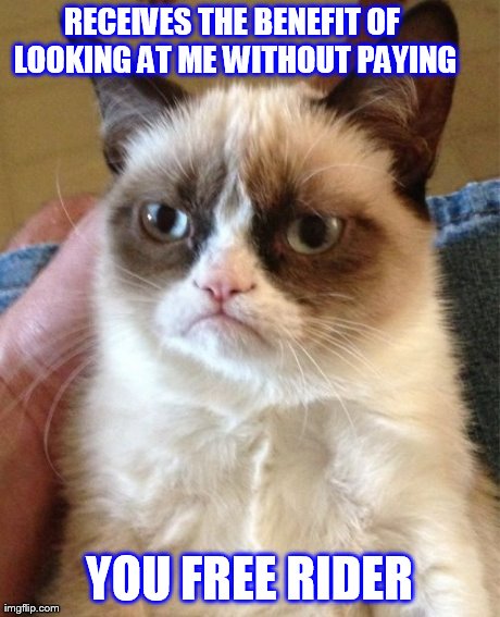 Grumpy Cat Meme | RECEIVES THE BENEFIT OF LOOKING AT ME WITHOUT PAYING YOU FREE RIDER | image tagged in memes,grumpy cat | made w/ Imgflip meme maker