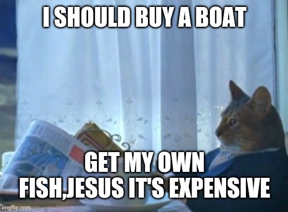 I Should Buy A Boat Cat | I SHOULD BUY A BOAT; GET MY OWN FISH,JESUS IT'S EXPENSIVE | image tagged in memes,i should buy a boat cat | made w/ Imgflip meme maker