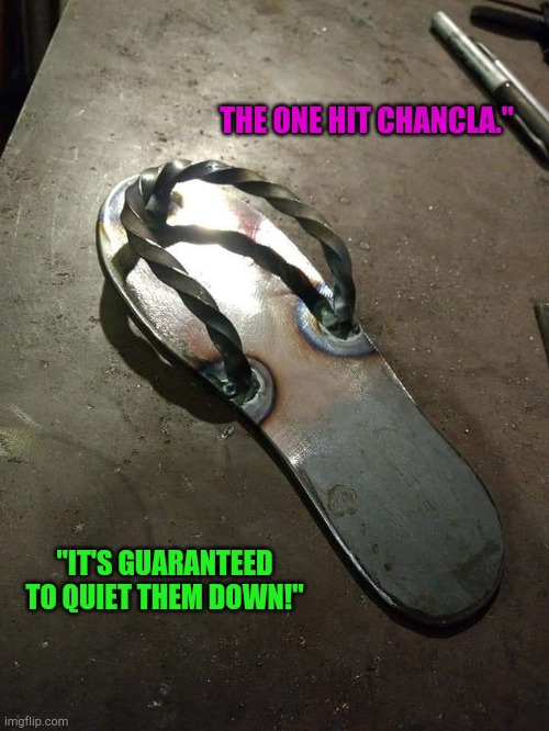 Stainless Steel Chancla | THE ONE HIT CHANCLA."; "IT'S GUARANTEED TO QUIET THEM DOWN!" | image tagged in stainless steel chancla | made w/ Imgflip meme maker