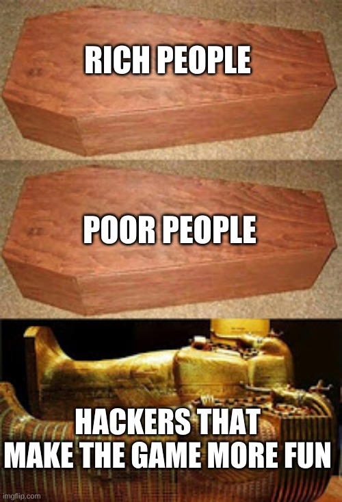 those people are true gold | RICH PEOPLE; POOR PEOPLE; HACKERS THAT MAKE THE GAME MORE FUN | image tagged in golden coffin meme | made w/ Imgflip meme maker