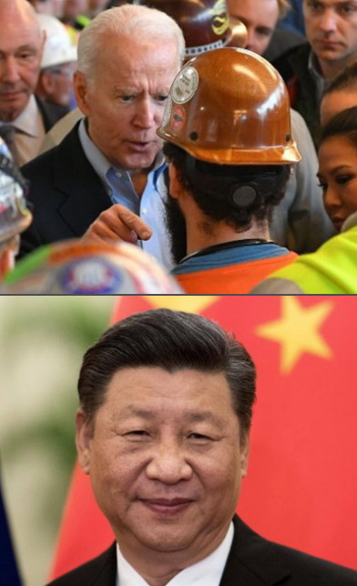 Biden shouting at factory worker while Xi Jinping grins Blank Meme Template