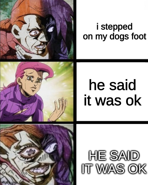 *this isnt original btw | i stepped on my dogs foot; he said it was ok; HE SAID IT WAS OK | image tagged in jjba,anime,oh no | made w/ Imgflip meme maker