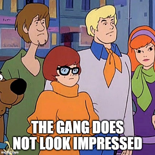 Mystery Inc. is Baffled? | THE GANG DOES NOT LOOK IMPRESSED | image tagged in cartoon | made w/ Imgflip meme maker