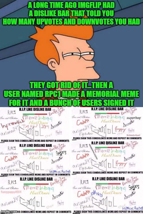 A bit of Imgflip history for some of you newer users... |  A LONG TIME AGO IMGFLIP HAD A DISLIKE BAR THAT TOLD YOU HOW MANY UPVOTES AND DOWNVOTES YOU HAD; THEY GOT RID OF IT...THEN A USER NAMED RPC1 MADE A MEMORIAL MEME FOR IT AND A BUNCH OF USERS SIGNED IT | image tagged in memes,futurama fry,dislike bar,memorial,rpc1,rip | made w/ Imgflip meme maker