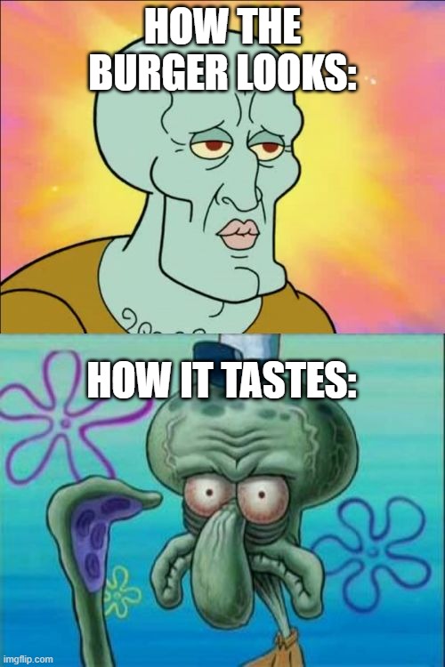 False Advertising be like: |  HOW THE BURGER LOOKS:; HOW IT TASTES: | image tagged in memes,squidward | made w/ Imgflip meme maker