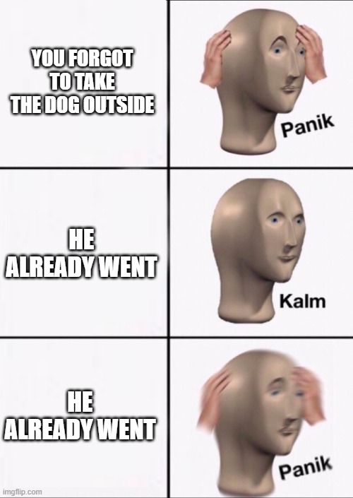 kalm panic | YOU FORGOT TO TAKE THE DOG OUTSIDE; HE ALREADY WENT; HE ALREADY WENT | image tagged in stonks panic calm panic | made w/ Imgflip meme maker
