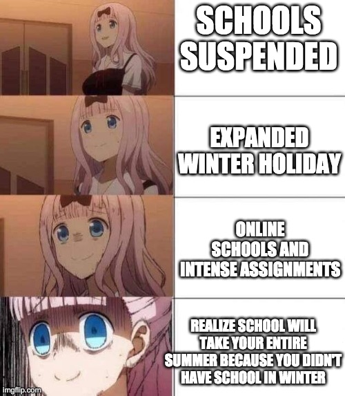 chika template | SCHOOLS SUSPENDED; EXPANDED WINTER HOLIDAY; ONLINE SCHOOLS AND INTENSE ASSIGNMENTS; REALIZE SCHOOL WILL TAKE YOUR ENTIRE SUMMER BECAUSE YOU DIDN'T HAVE SCHOOL IN WINTER | image tagged in chika template,school,covid 19 | made w/ Imgflip meme maker