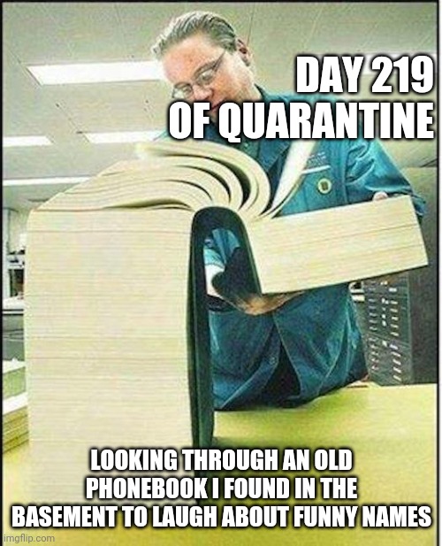 useful ideas during quarantine | DAY 219 OF QUARANTINE; LOOKING THROUGH AN OLD PHONEBOOK I FOUND IN THE BASEMENT TO LAUGH ABOUT FUNNY NAMES | image tagged in big book | made w/ Imgflip meme maker