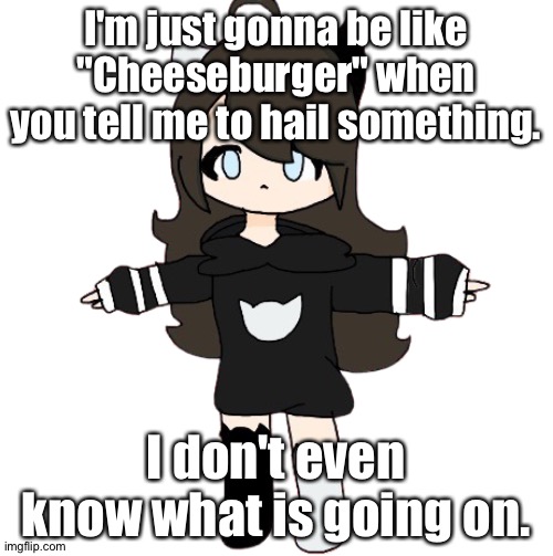 . | I'm just gonna be like "Cheeseburger" when you tell me to hail something. I don't even know what is going on. | image tagged in t-pose shiyuyu | made w/ Imgflip meme maker