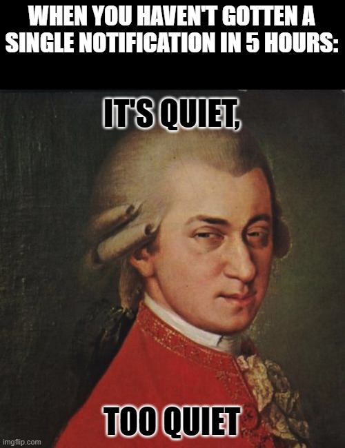 Did I miss something? | WHEN YOU HAVEN'T GOTTEN A SINGLE NOTIFICATION IN 5 HOURS:; IT'S QUIET, TOO QUIET | image tagged in memes,mozart not sure,silence,quiet | made w/ Imgflip meme maker