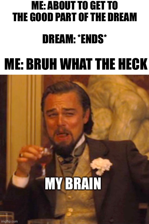 But...I was about to kiss my crush | ME: ABOUT TO GET TO THE GOOD PART OF THE DREAM; DREAM: *ENDS*; ME: BRUH WHAT THE HECK; MY BRAIN | image tagged in memes,laughing leo | made w/ Imgflip meme maker
