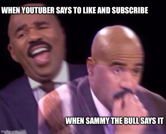 Interesting | WHEN YOUTUBER SAYS TO LIKE AND SUBSCRIBE; WHEN SAMMY THE BULL SAYS IT | image tagged in steve harvey laughing serious | made w/ Imgflip meme maker