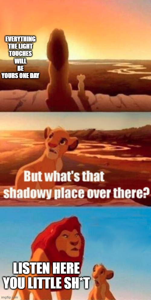 Shadow(y) | EVERYTHING THE LIGHT TOUCHES WILL BE YOURS ONE DAY; LISTEN HERE YOU LITTLE SH*T | image tagged in memes,simba shadowy place | made w/ Imgflip meme maker