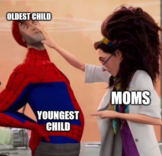 Peter B. Parker = The fat Thor of the Spider-Verse | OLDEST CHILD; MOMS; YOUNGEST CHILD | image tagged in marvel,spiderman peter parker,spider-verse meme | made w/ Imgflip meme maker