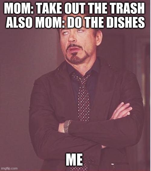 Face You Make Robert Downey Jr Meme | MOM: TAKE OUT THE TRASH 
ALSO MOM: DO THE DISHES; ME | image tagged in memes,face you make robert downey jr | made w/ Imgflip meme maker
