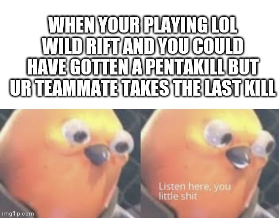 No pentakill just quadrakill | WHEN YOUR PLAYING LOL WILD RIFT AND YOU COULD HAVE GOTTEN A PENTAKILL BUT UR TEAMMATE TAKES THE LAST KILL | image tagged in listen here you little shit bird | made w/ Imgflip meme maker