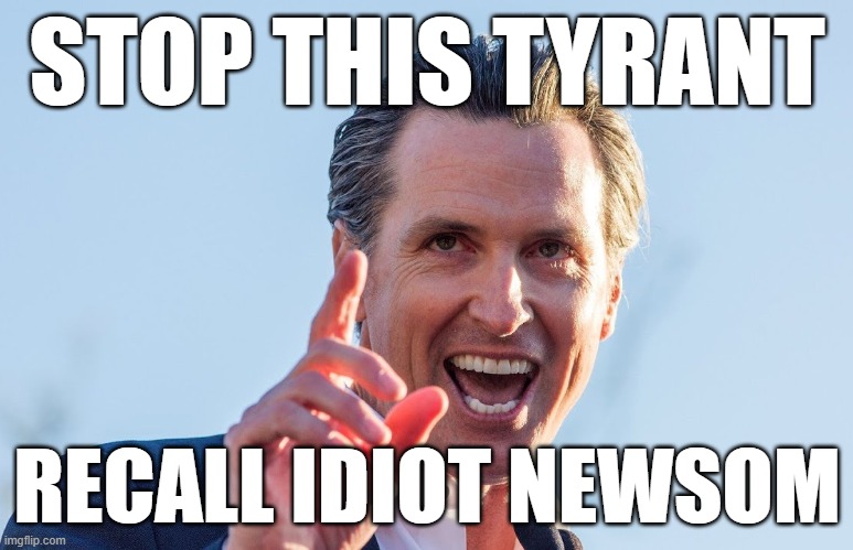 Recall This Idiot | STOP THIS TYRANT; RECALL IDIOT NEWSOM | image tagged in insane idiot gavin newsom | made w/ Imgflip meme maker
