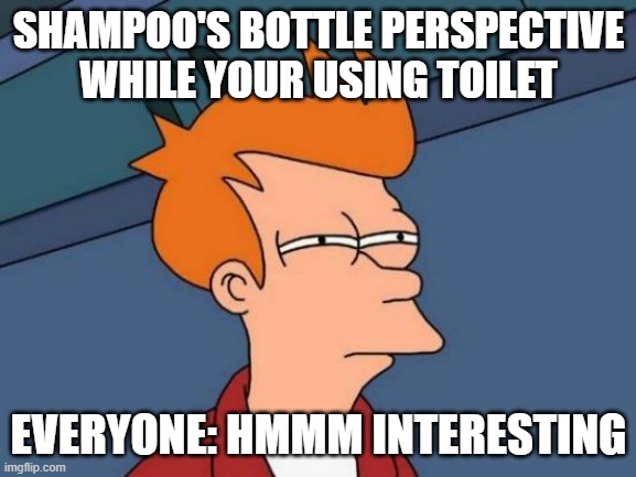 Relate | SHAMPOO'S BOTTLE PERSPECTIVE WHILE YOUR USING TOILET; EVERYONE: HMMM INTERESTING | image tagged in memes,futurama fry,relatable,bathroom,so true memes | made w/ Imgflip meme maker