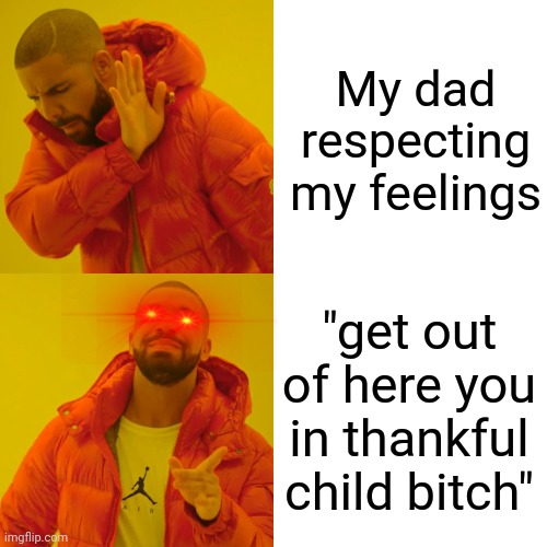 Drake Hotline Bling | My dad respecting my feelings; "get out of here you in thankful child bitch" | image tagged in memes,drake hotline bling | made w/ Imgflip meme maker