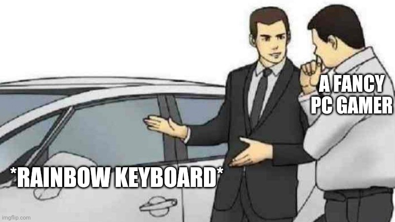 Car Salesman Slaps Roof Of Car | A FANCY PC GAMER; *RAINBOW KEYBOARD* | image tagged in memes,car salesman slaps roof of car | made w/ Imgflip meme maker