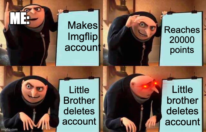 THIS WAS THE WORST THING EVER. | ME:; Makes Imgflip account; Reaches 20000 points; Little Brother deletes account; Little brother deletes account | image tagged in memes,gru's plan | made w/ Imgflip meme maker