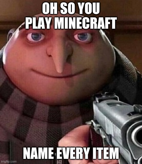NAME EVERY ITEM OR LESE GRU IS AT HOUSE | OH SO YOU PLAY MINECRAFT; NAME EVERY ITEM | image tagged in oh ao you re an x name every y | made w/ Imgflip meme maker
