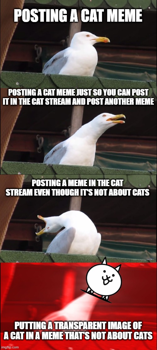 Inhaling Seagull | POSTING A CAT MEME; POSTING A CAT MEME JUST SO YOU CAN POST IT IN THE CAT STREAM AND POST ANOTHER MEME; POSTING A MEME IN THE CAT STREAM EVEN THOUGH IT'S NOT ABOUT CATS; PUTTING A TRANSPARENT IMAGE OF A CAT IN A MEME THAT'S NOT ABOUT CATS | image tagged in memes,inhaling seagull | made w/ Imgflip meme maker
