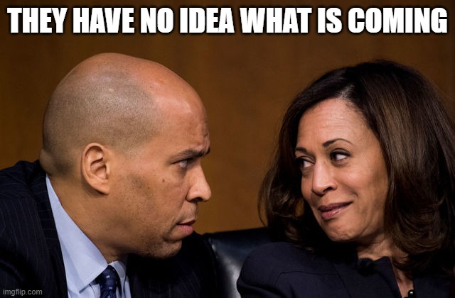 Corey Booker and Kamala Harris | THEY HAVE NO IDEA WHAT IS COMING | image tagged in corey booker and kamala harris | made w/ Imgflip meme maker