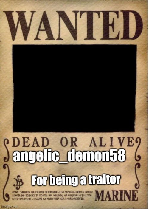One piece wanted poster template | angelic_demon58; For being a traitor | image tagged in one piece wanted poster template | made w/ Imgflip meme maker