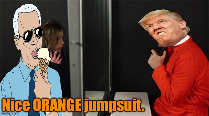 Hi, Donald. | Nice ORANGE jumpsuit. | image tagged in biden visiting trump in jail | made w/ Imgflip meme maker