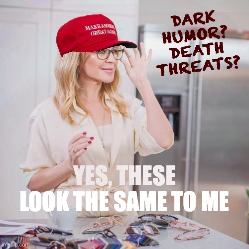 But are they tho | DARK HUMOR? DEATH THREATS? YES, THESE LOOK THE SAME TO ME | image tagged in maga kylie | made w/ Imgflip meme maker