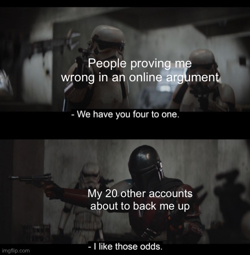 Just don’t make a grammatical error in an online argument... | People proving me wrong in an online argument; My 20 other accounts about to back me up | image tagged in mandalorian i like those odds | made w/ Imgflip meme maker